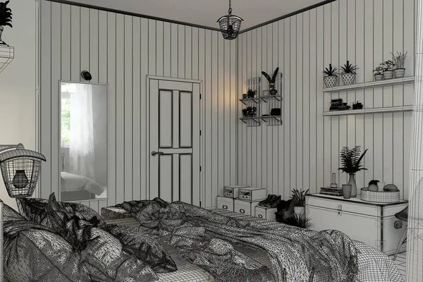 3D interior rendering biała sypialnia — Zdjęcie stockowe