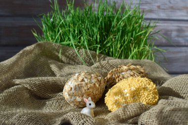 Tohumlar içinde paskalya yumurtaları ve yeşil çimen arka planda bir çantada tavşan.