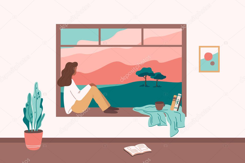African american girl sitting at the window, dreaming, looking out, watching sunset, drinking tea or coffee flat cartoon vector illustration.