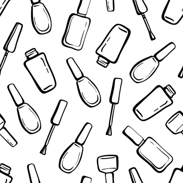 Чорно Білий Безшовний Візерунок Пляшками Лаку Нігтів Пензлями Контурні Пляшки — стоковий вектор