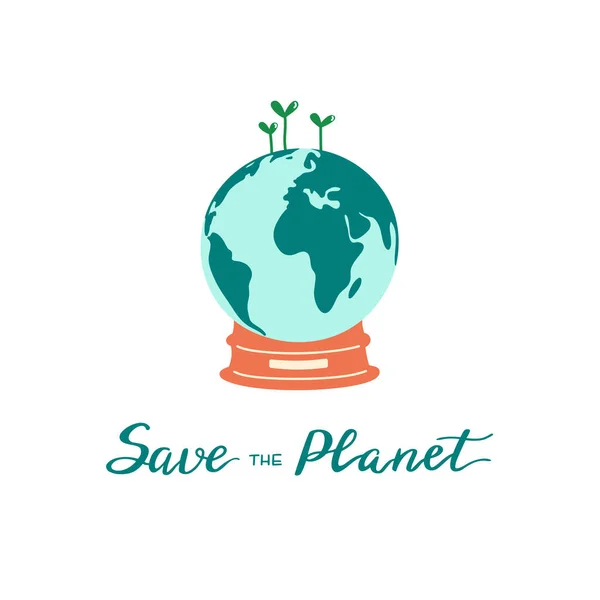 Earth Day Planet Concept Globe Sprouts Lettering Isolated White Background — 스톡 벡터