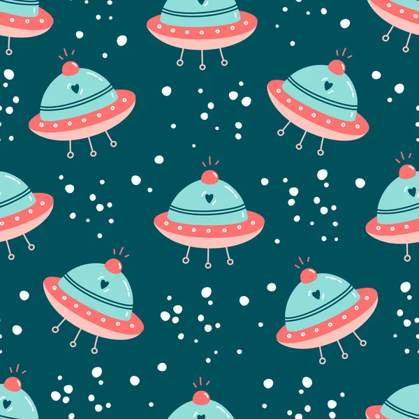 Flying Saucer Seamless Pattern Cartoon Style Cute Valentine Day Background — Stock Vector