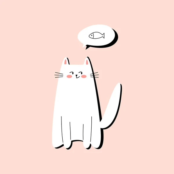 魚のことを考える白い猫のかわいいベクトルイラスト ウェブサイト カード ポスター テキスタイル デザインのための面白いイラスト — ストックベクタ