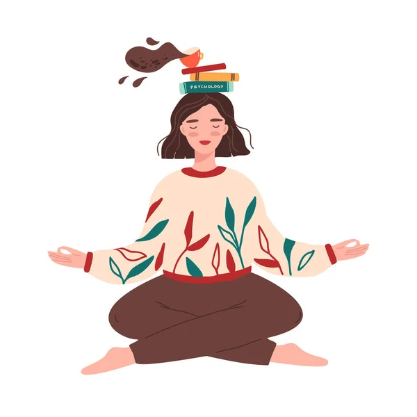 Yoga Pozisyonunda Oturan Meditasyona Odaklanan Bir Kız Elinde Kitap Yığını — Stok Vektör