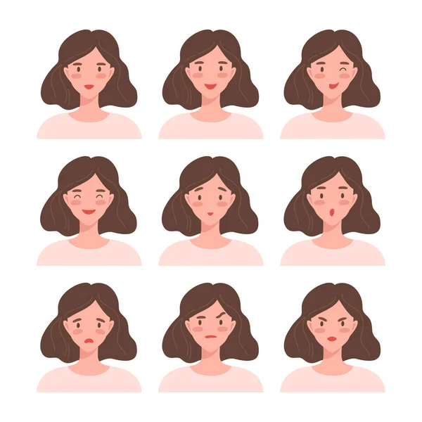 Mujer Hermosa Joven Que Expresa Emociones Positivas Negativas Vector Ilustración — Archivo Imágenes Vectoriales