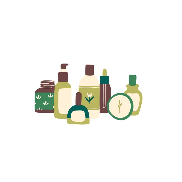 Composição Decorativa Com Cosméticos Orgânicos Produtos Higiene Garrafas Frascos Ilustração — Vetor de Stock