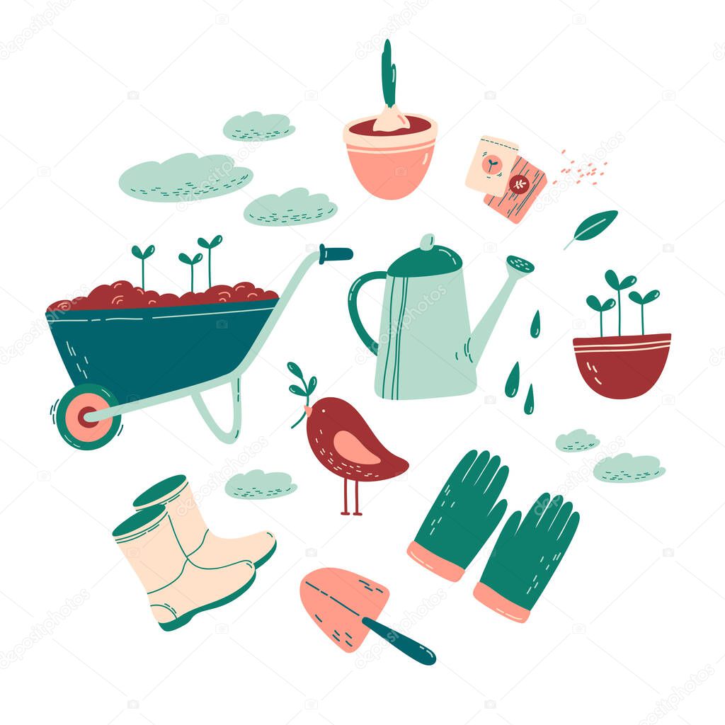Collection of gardening tools for agricultural work or gardening isolated on white background.