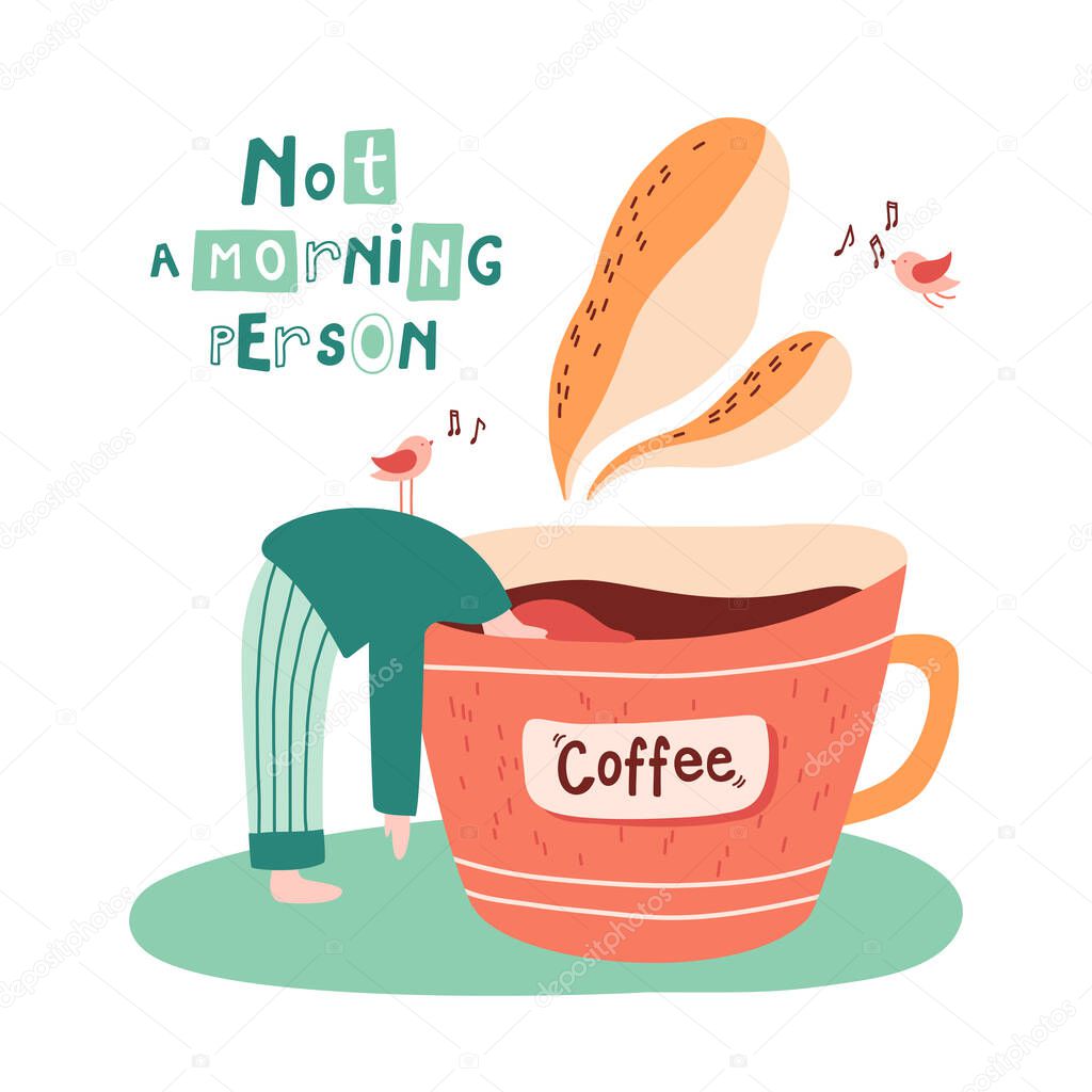A girl submerging to a mug of hot coffee surrounded by chirping birds. Not a morning person concept. Sleep disorders. Vector hand drawn illustration in flat style. For social media, magazine, article.