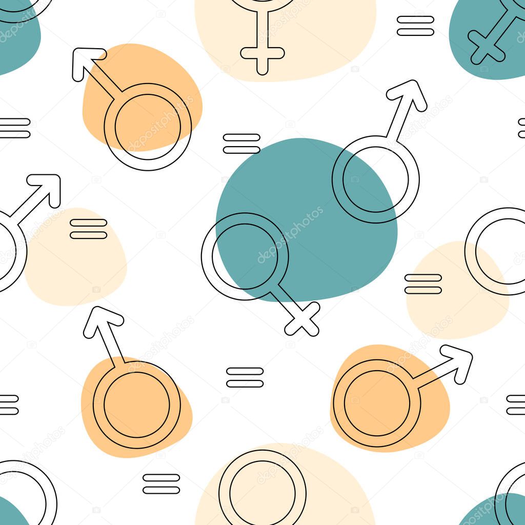 Gender symbols seamless pattern on white background. Vector illustration. Fight for gender equality, equal rights concept. Background for website, banner, poster, card, textile, packaging, design.