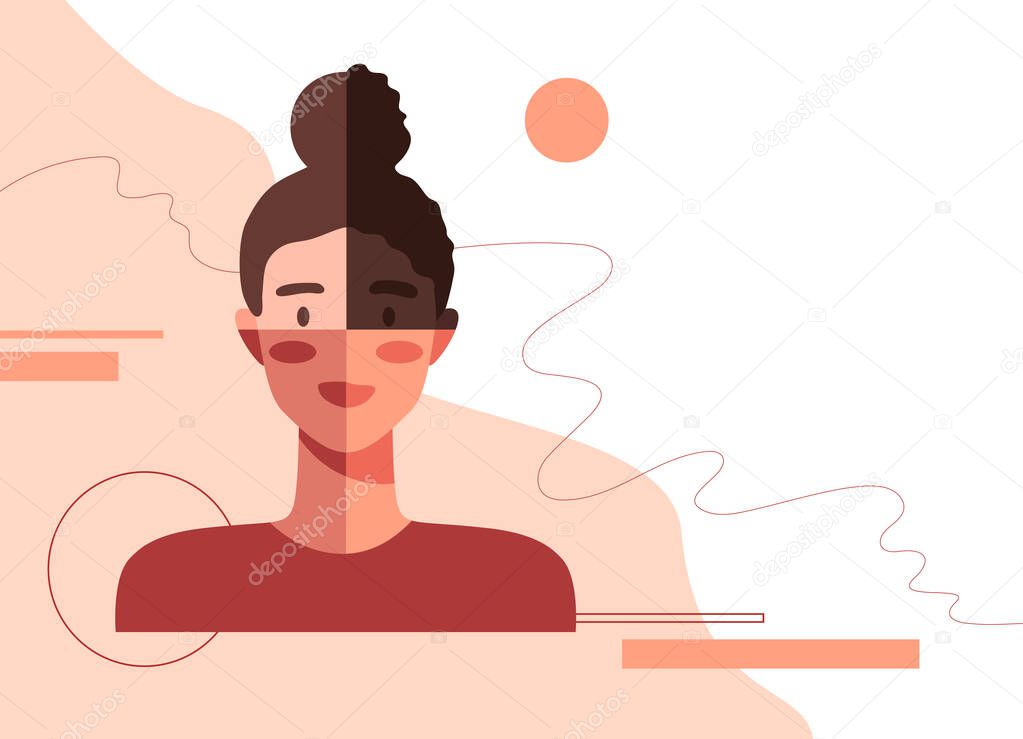 Female portrait with different colors of skin showing unity. Several nationalities, feminism, international woman's day, girl power, community, equality concept. Flat vector illustration.