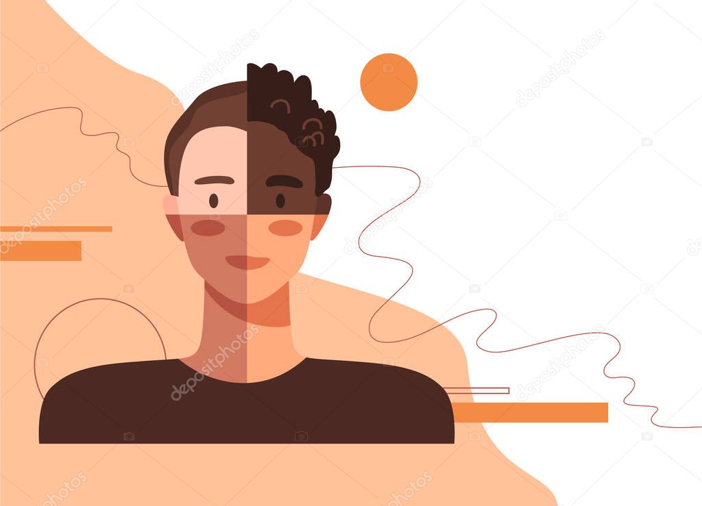 Male portrait with different colors of skin showing unity. Vector illustration in flat style. Multinationality, community, equality, multinational society, multinational alliance concept.