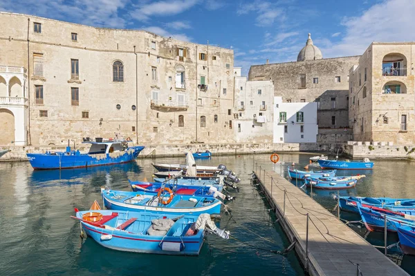 Apulia, İtalya 'da balıkçı teknelerinin bulunduğu Monopoli limanı manzarası.