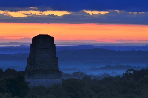 View of a sunrise above the Peten jungle with the pyramids of Tikal towering above the tree canopy in Guatemala. — Stock Photo, Image