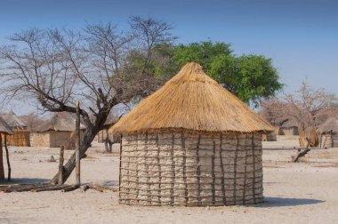 Botswana 'da tipik sazdan yapılmış Afrika yuvarlak kulübesi..