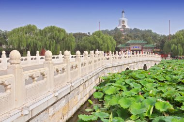 Beihai Park Pekin, Çin 'de Beyaz Pagoda ile Jade Adası manzarası.