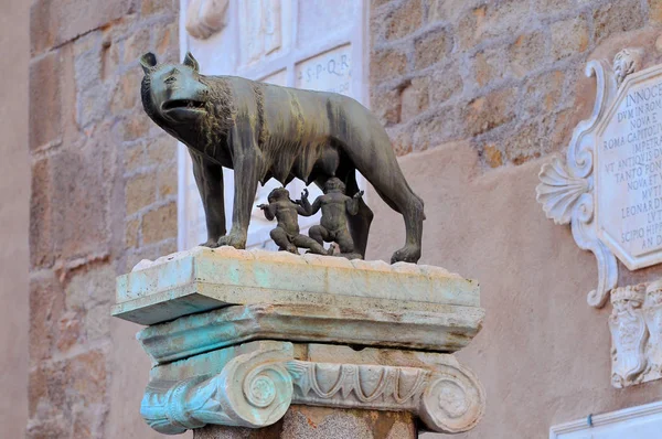 Romulus 'un bronz heykeli ve Remus' un simgesi. Roma 'nın başkenti Roma' da, Senatorio Sarayı 'nın yanındaki She Wolf' tan besleniyor.. — Stok fotoğraf