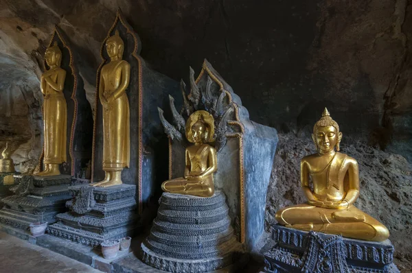 Guldstaty av liggande Buddha i buddistgrotttempel i Wat Tham Suwankhuha grotta (apgrotta) I Phang Nga, Thailand. — Stockfoto