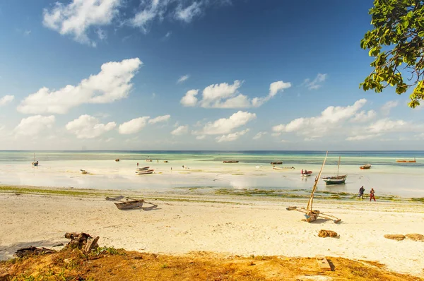 Tradiční rybářské lodě na pláži na tropickém ostrově Zanzibar, Tanzanie. — Stock fotografie