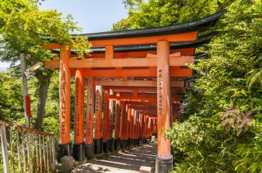 Kyoto Japonya 'da bir bahçede eşsiz kırmızı ahşap kapılar Fushimi inari türbesi.