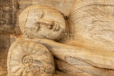Polonnaruwa, Sri Lanka 'daki Gal Vihara tapınağında Buda heykeli. Tapınakta büyük bir kayanın oyulmuş dört kaya heykeli var..