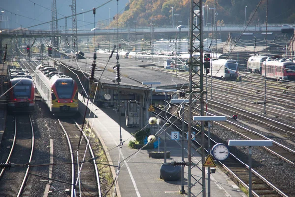 Railway station with rails and overhead lines — 스톡 사진