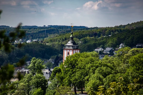 Floresta Siegerland Com Campanário Nas Árvores — Fotografia de Stock