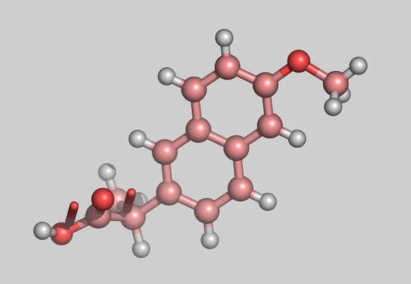 带有原子的Naproxen分子模型 — 图库照片