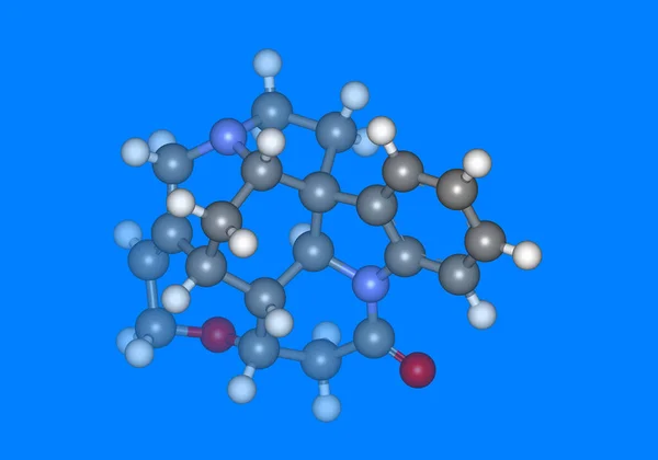 含有原子的Strychnin分子模型 — 图库照片