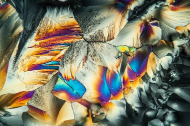 Mikroskopun altındaki polarize ışıktaki glutamat kristalleri 100 x