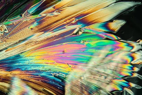 Krystaly Kyseliny Citronové Polarizovaném Světle Pod Mikroskopem 100X — Stock fotografie