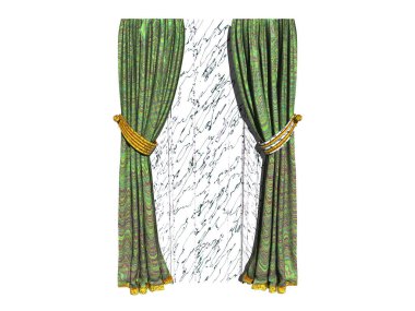 yeşil perdeler ve vitrindeki mağazalar