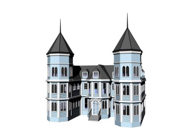 Kuleleri olan mavi çok katlı bina
