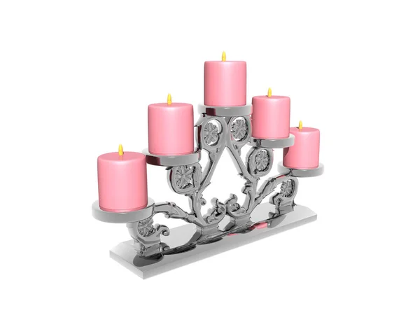 有粉红蜡烛的银制烛台 — 图库照片