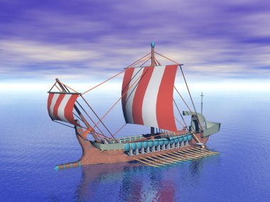 Çizgili yelkenli tahta bir Wickinger kadırga gemisi.