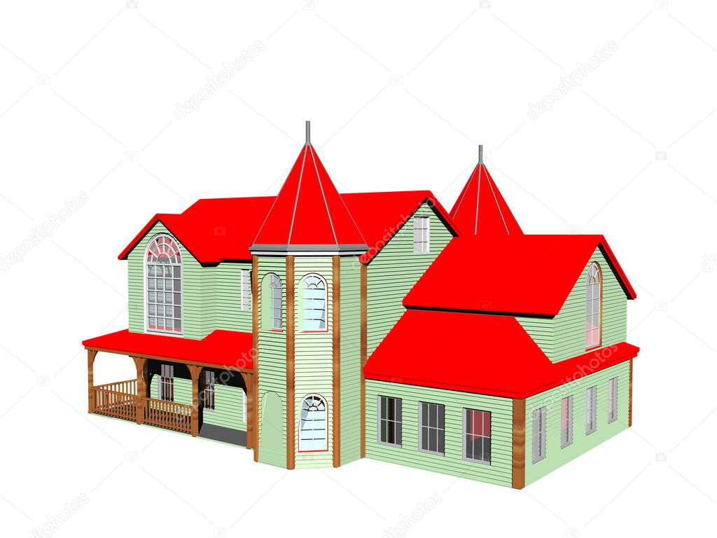 large house with red roof and tower