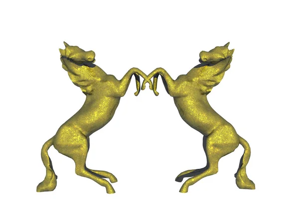 Золотая Статуэтка Двух Жеребцов Стоящих Задних Лапах — стоковое фото