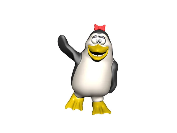 funny penguin with a red bow in his hair waves