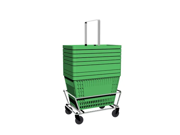 green plastic shopping baskets in supermarket