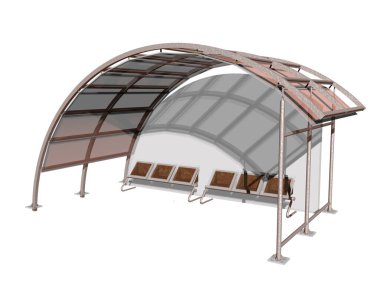 Metal ve camdan yapılmış hava korumalı otobüs durağı.