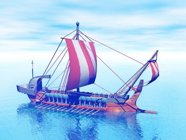 Kürekleri ve yelkenleri olan antika bir kadırga.