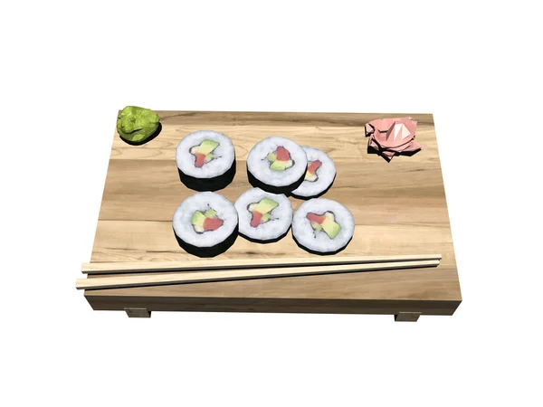 Platte Houten Tafel Met Sushi Broodjes — Stockfoto