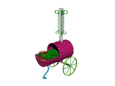 Tekerlekleri olan kırmızı metalik saksı.