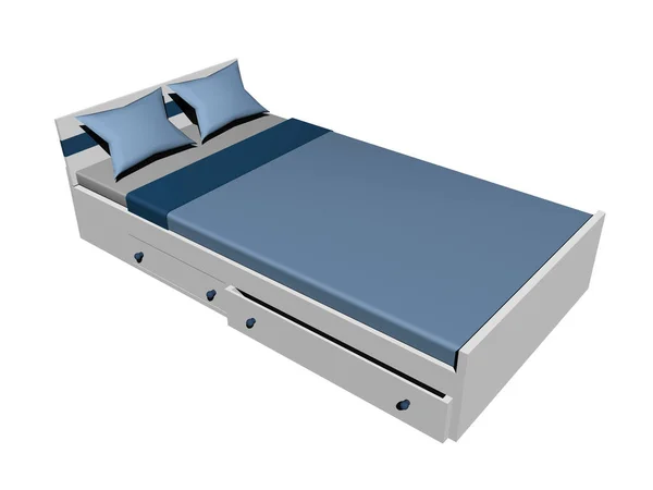 Ξύλινο Διπλό Κρεβάτι Λινό Κρεβάτι — Φωτογραφία Αρχείου