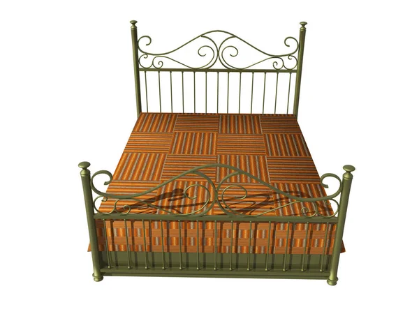 Double bed with decorated steel frame and mattress