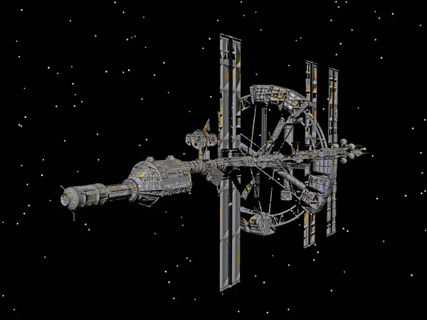 futuristic space station hovers in space