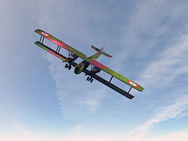 Ιστορικό Διπλάνο Αεροπλάνο Πετά Στον Ουρανό — Φωτογραφία Αρχείου