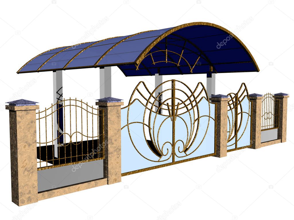 Wrought iron fence with gate and canopy