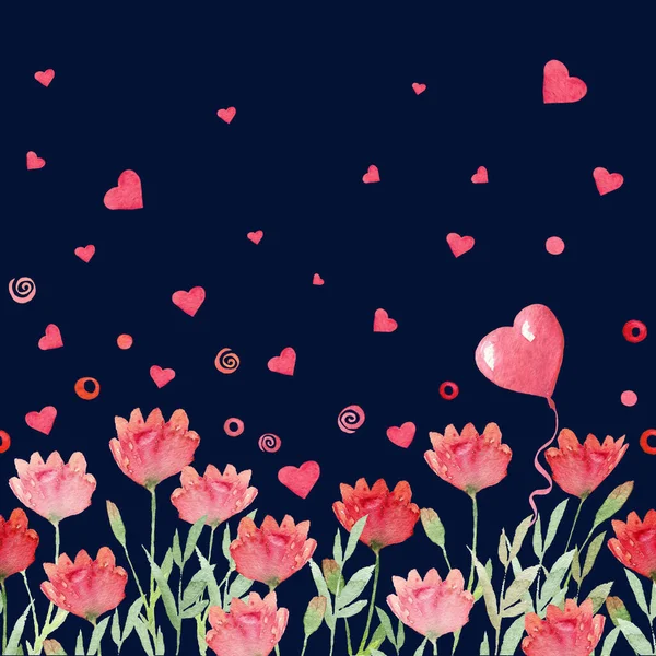 Акварельные Красные Цветы Воздушными Шарами Сердца Спиралями Синем Фоне — стоковое фото