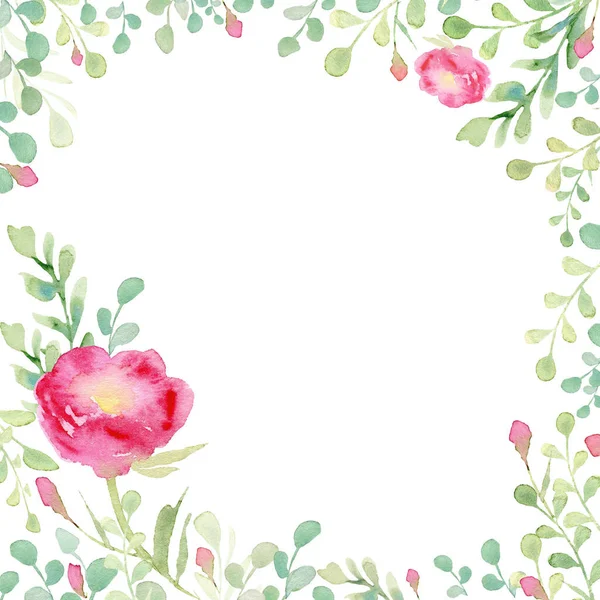 Watercolor Frame Flowers Leaves Peony Postcard — Stock Photo, Image