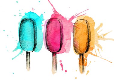 Dondurma suluboya resimli baskı tekstil kartpostal pankartı arka plan menüsü yiyecek eli kırmızı turkuaz çizer